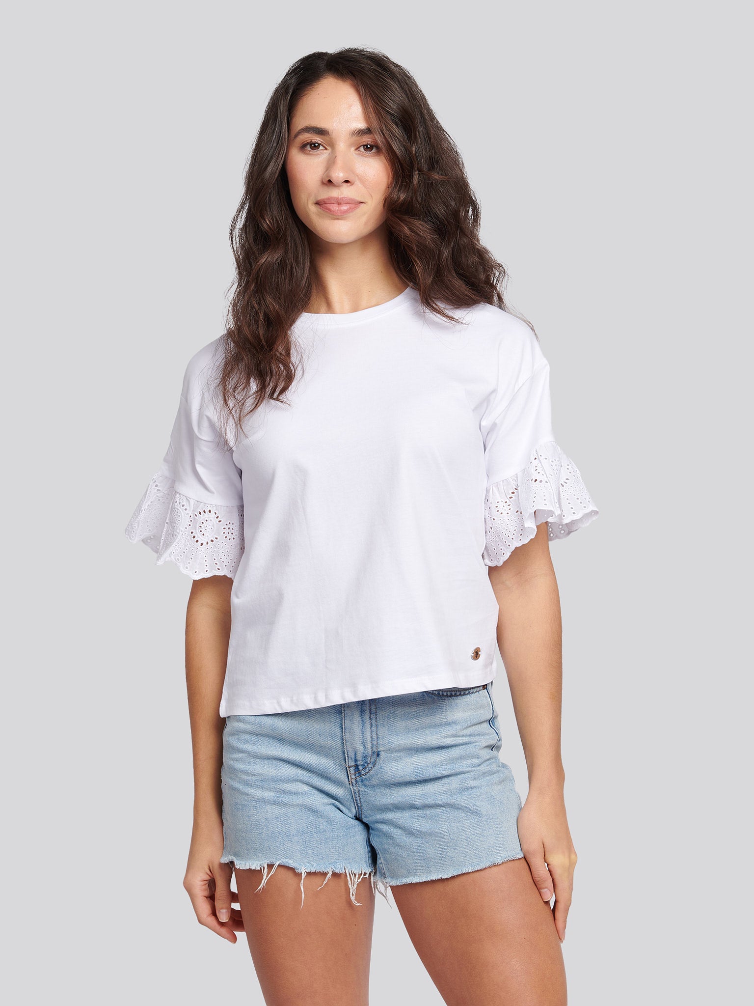 Womens Broderie Anglaise T-Shirt in Bright White