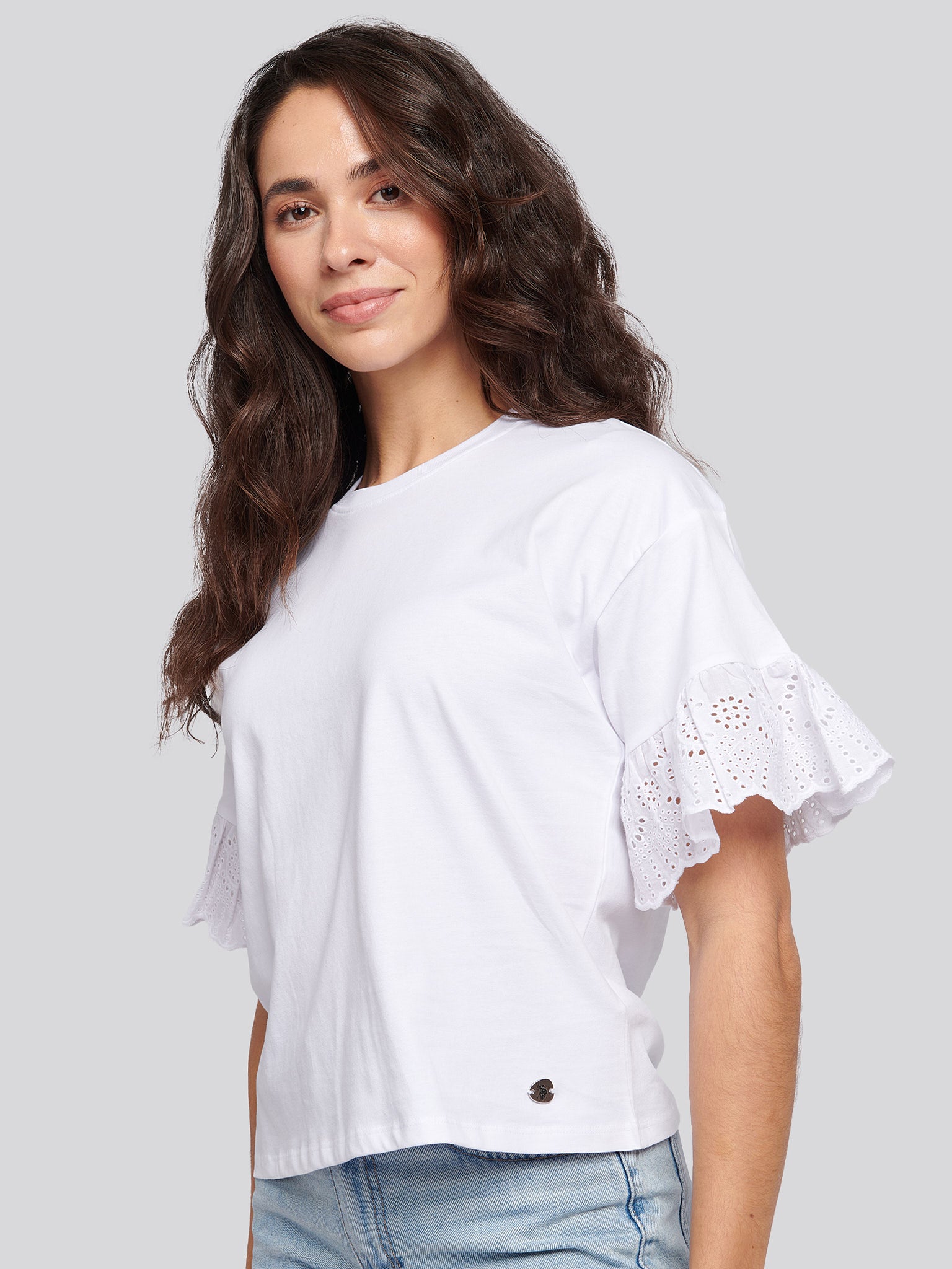 Womens Broderie Anglaise T-Shirt in Bright White