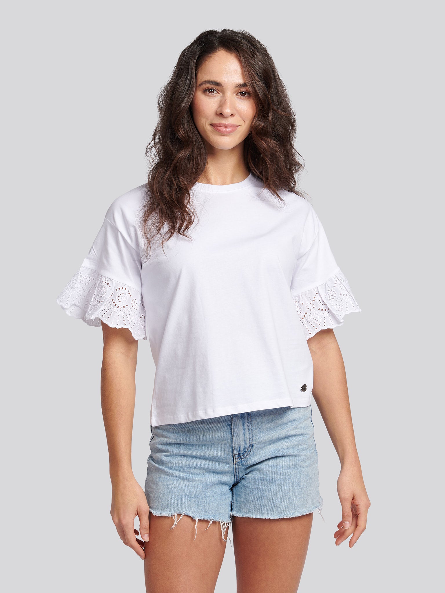 Womens Broderie Anglaise T-Shirt in Bright White