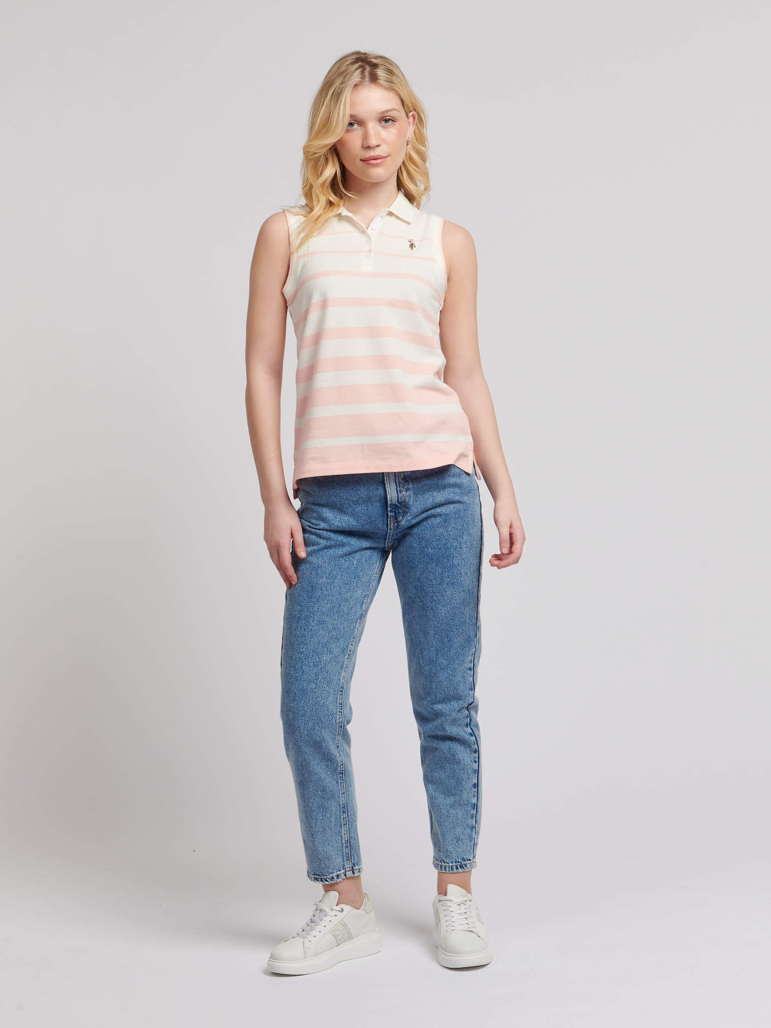 Womens Stripe Sleeveless Polo Shirt in Marshmallow