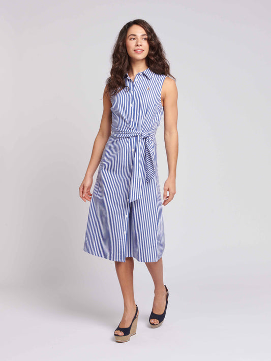 Womens Stripe Tie Waist Shirt Dress in Regatta Blue