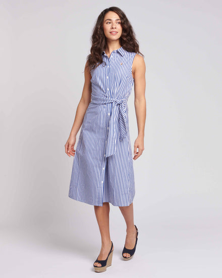 Womens Stripe Tie Waist Shirt Dress in Regatta Blue
