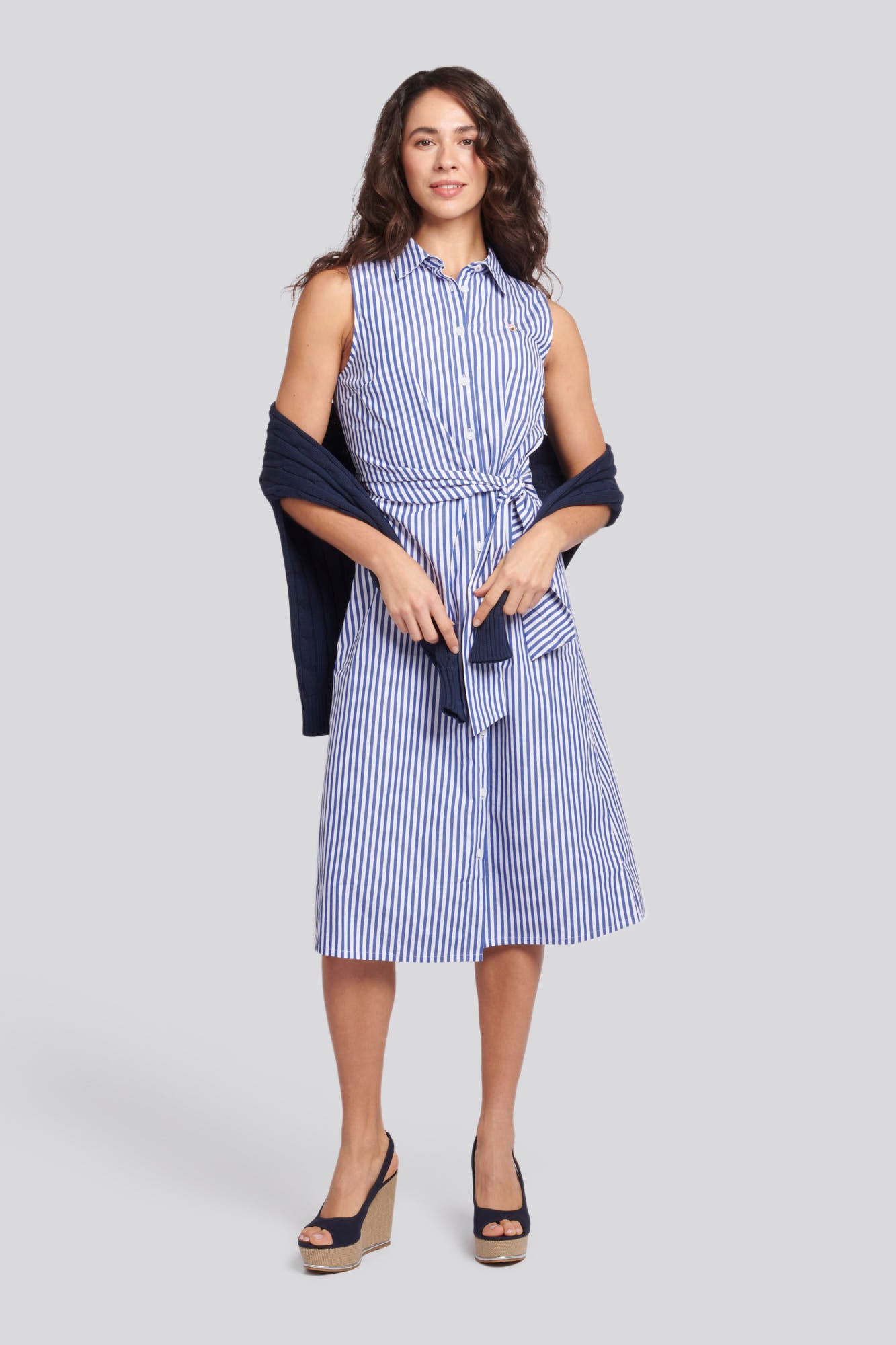 Womens Stripe Tie Waist Shirt Dress in Regatta Blue