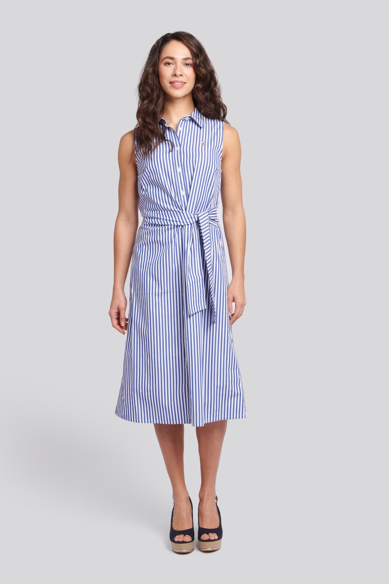 Womens Stripe Tie Waist Shirt Dress in Regatta Blue