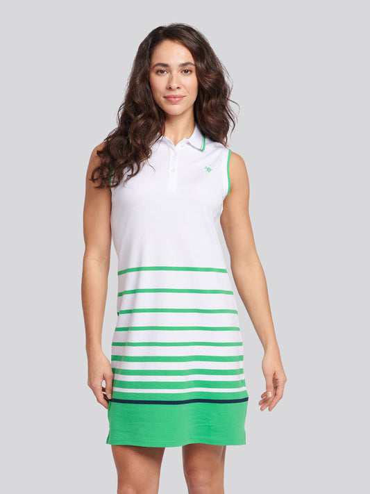 Womens Border Stripe Sleeveless Polo Dress in Island Green