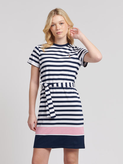 Womens Striped Belted T-Shirt Dress in Navy Iris