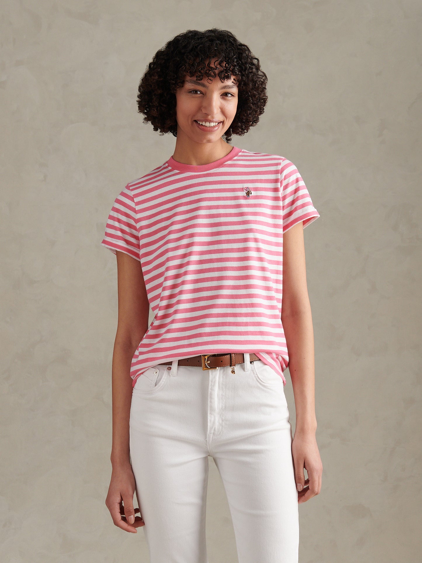Womens Stripe Crew Neck T-Shirt Pink Bubblegum