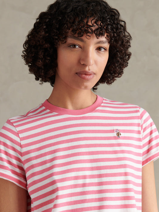 Womens Stripe Crew Neck T-Shirt Pink Bubblegum