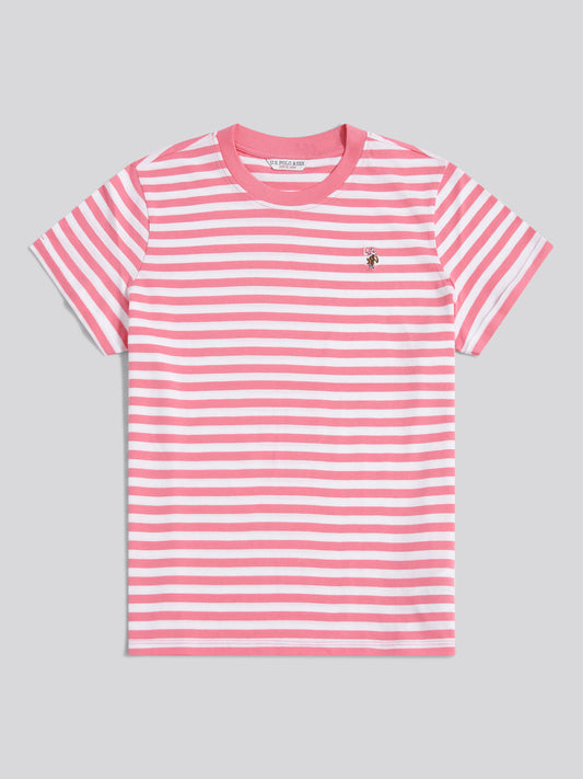 Womens Stripe Crew Neck T-Shirt in Pink Bubblegum