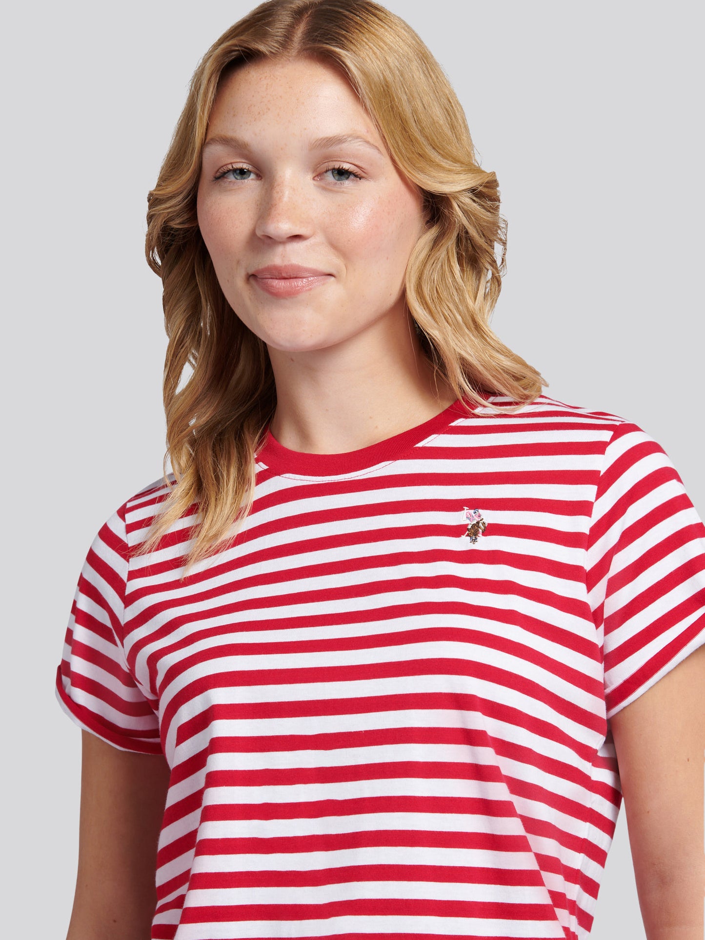 Womens Stripe Crew Neck T-Shirt in Jalapeno Red