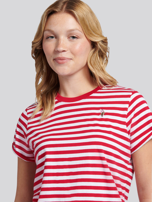 Womens Stripe Crew Neck T-Shirt in Jalapeno Red