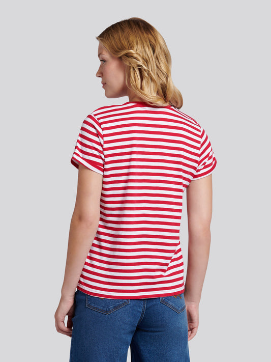 Womens Stripe Crew Neck T-Shirt in Jalapeno Red