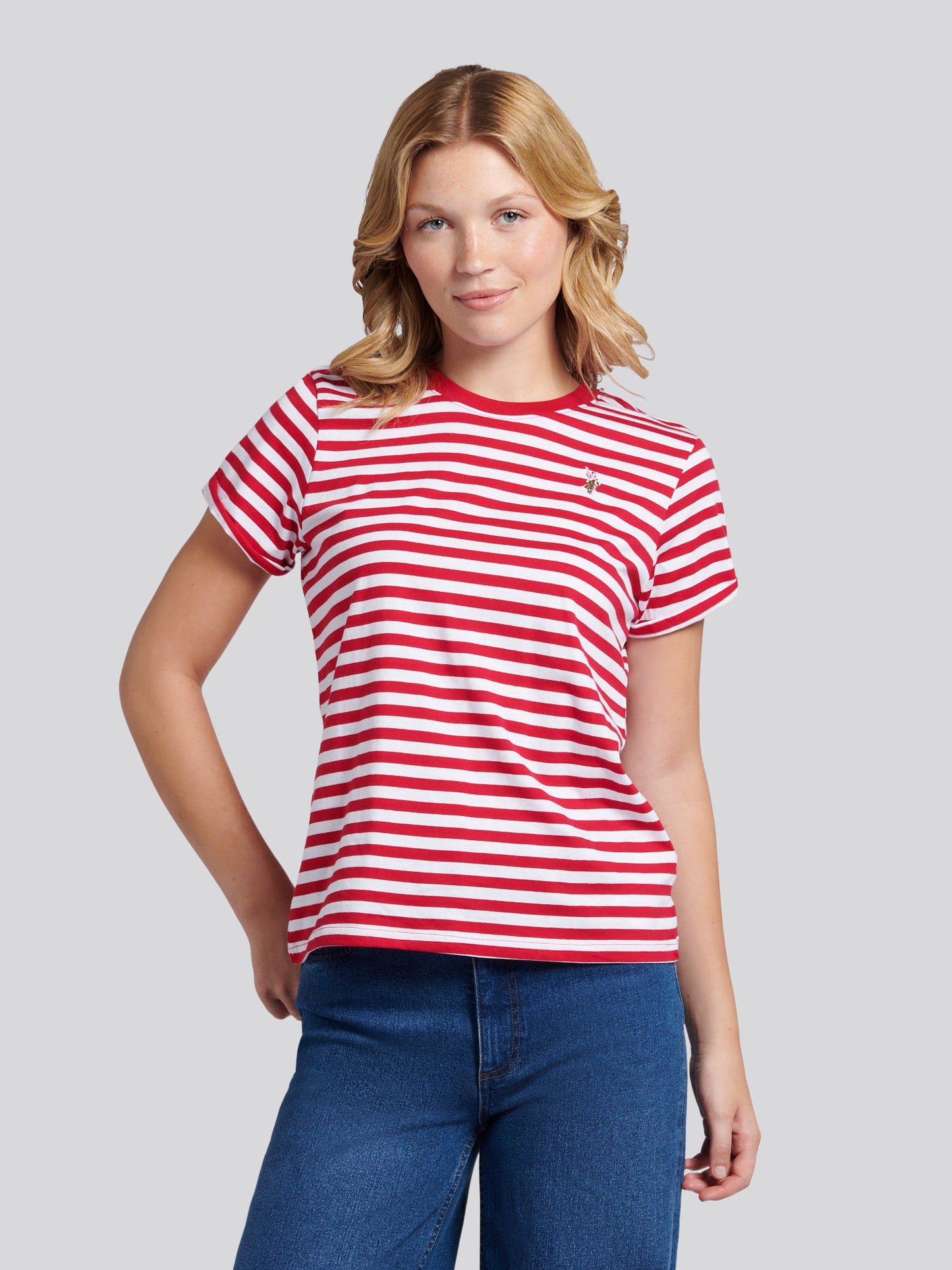 Womens Stripe Crew Neck T-Shirt in Jalapeno Red