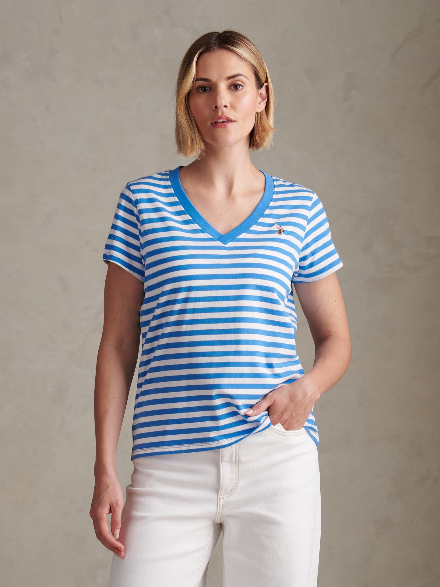 Womens Stripe V-Neck Neck T-Shirt in Regatta Blue