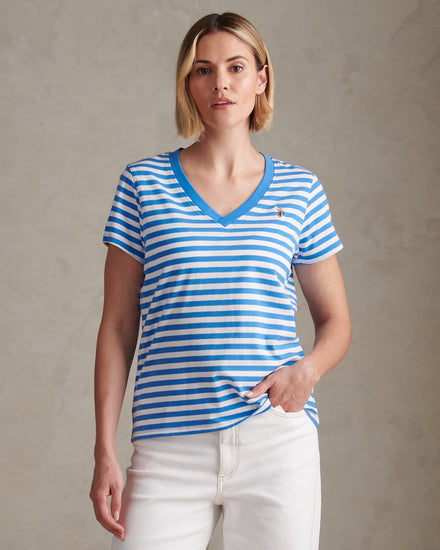 Womens Stripe V-Neck Neck T-Shirt in Regatta Blue