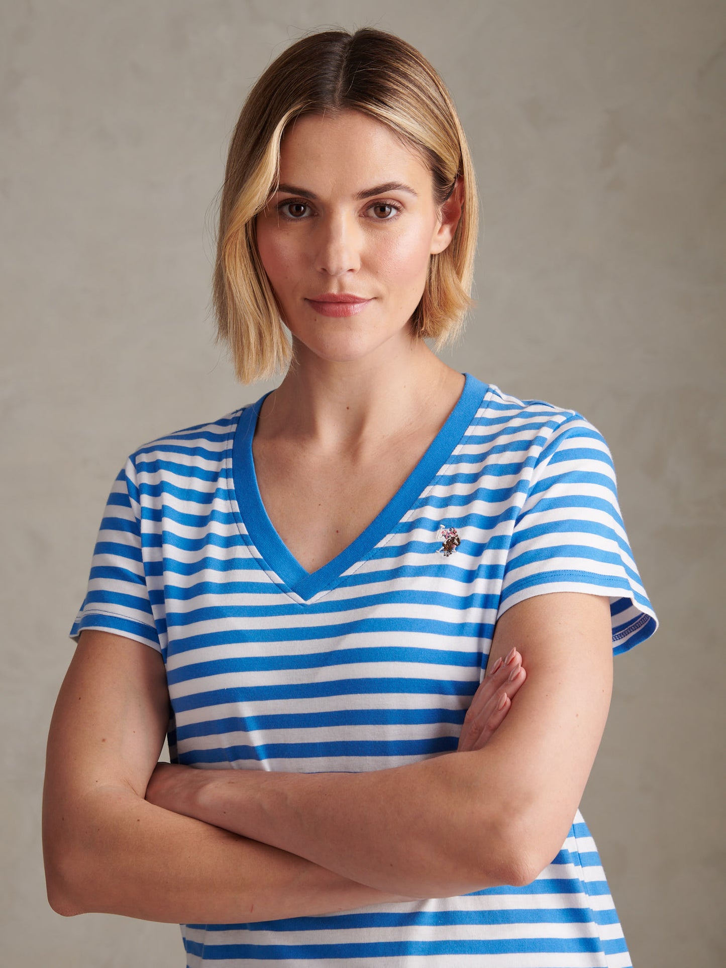 Womens Stripe V-Neck Neck T-Shirt in Regatta Blue