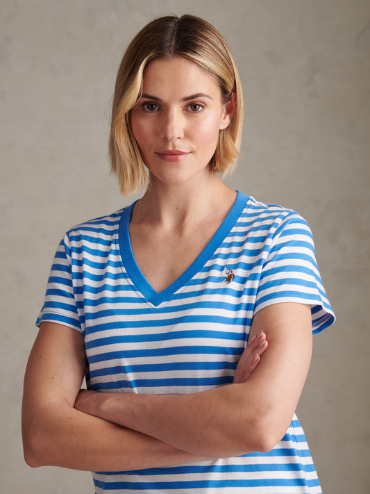 Womens Stripe V-Neck Neck T-Shirt in Regatta Blue