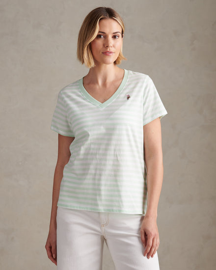 Womens Stripe V-Neck Neck T-Shirt in Misty Jade