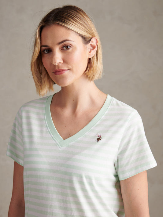 Womens Stripe V-Neck Neck T-Shirt in Misty Jade