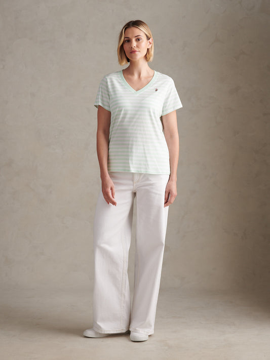 Womens Stripe V-Neck Neck T-Shirt in Misty Jade
