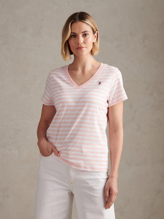 Womens Stripe V-Neck Neck T-Shirt in Crystal Rose