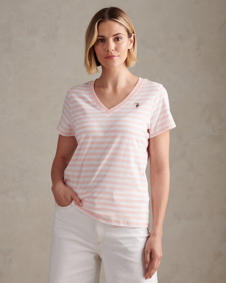 Womens Stripe V-Neck Neck T-Shirt in Crystal Rose