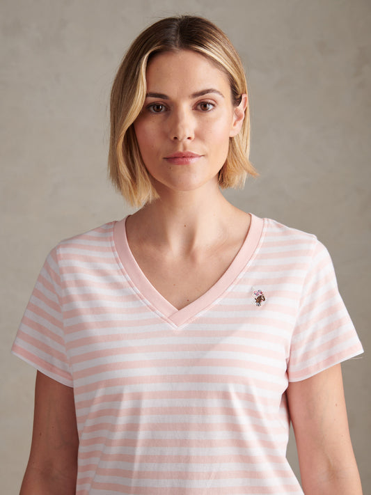 Womens Stripe V-Neck Neck T-Shirt in Crystal Rose
