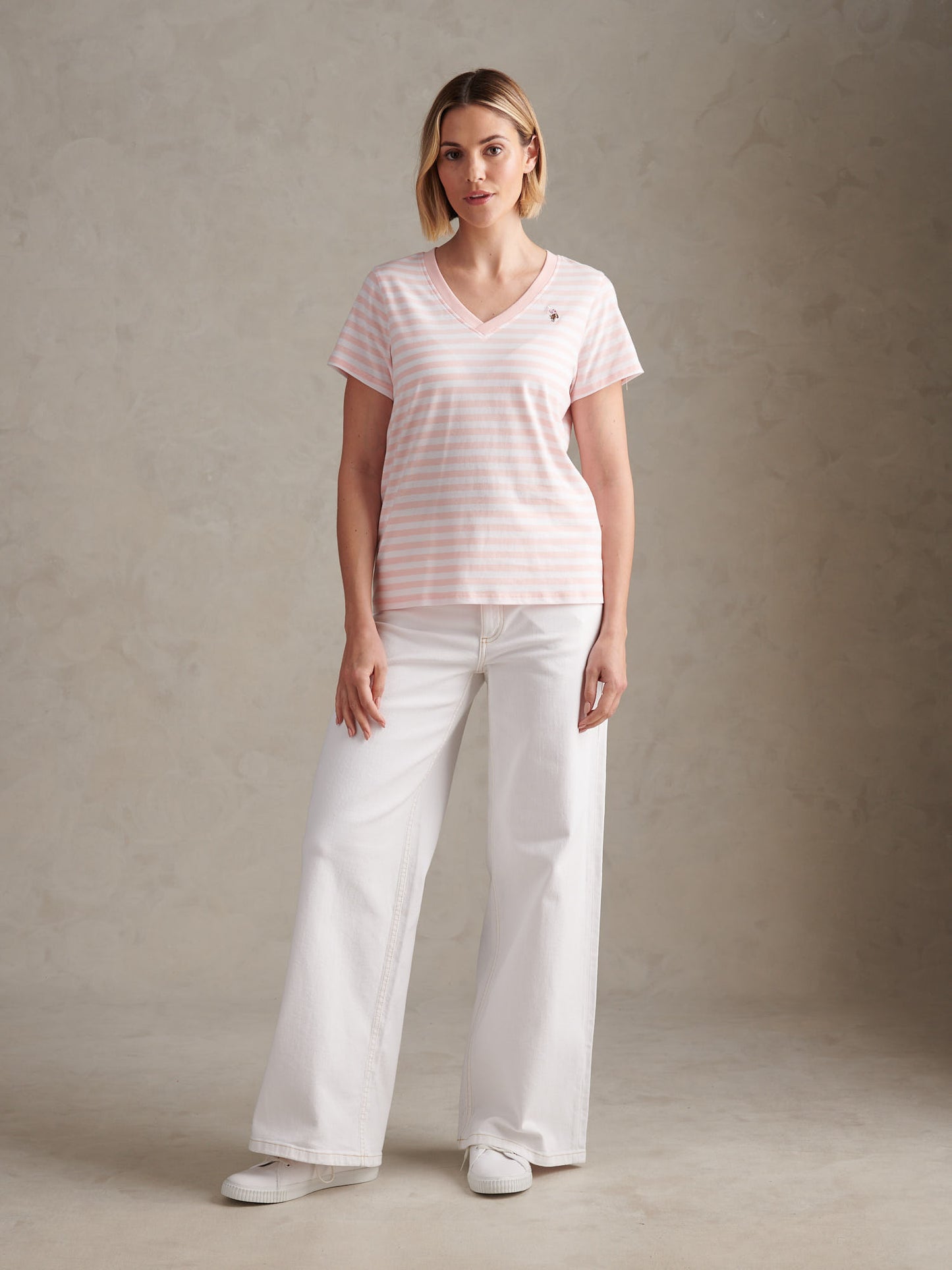 Womens Stripe V-Neck Neck T-Shirt Crystal Rose
