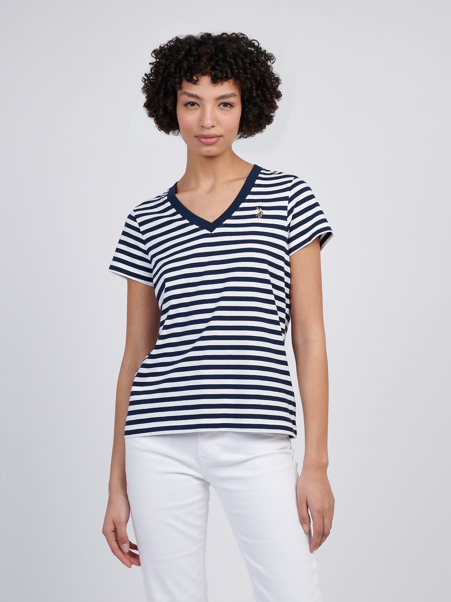 Womens Stripe V-Neck Neck T-Shirt in Navy Iris