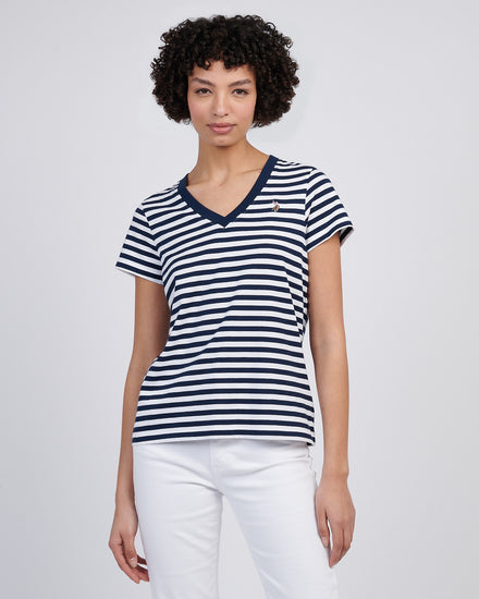 Womens Stripe V-Neck Neck T-Shirt in Navy Iris