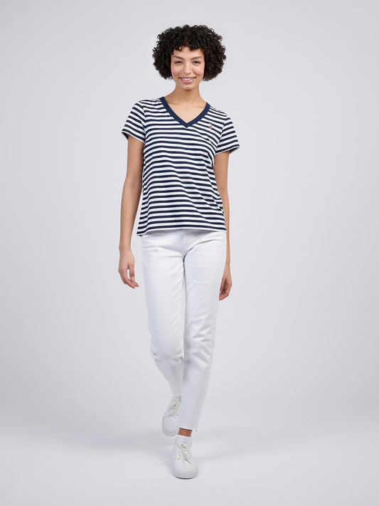 Womens Stripe V-Neck Neck T-Shirt in Navy Iris