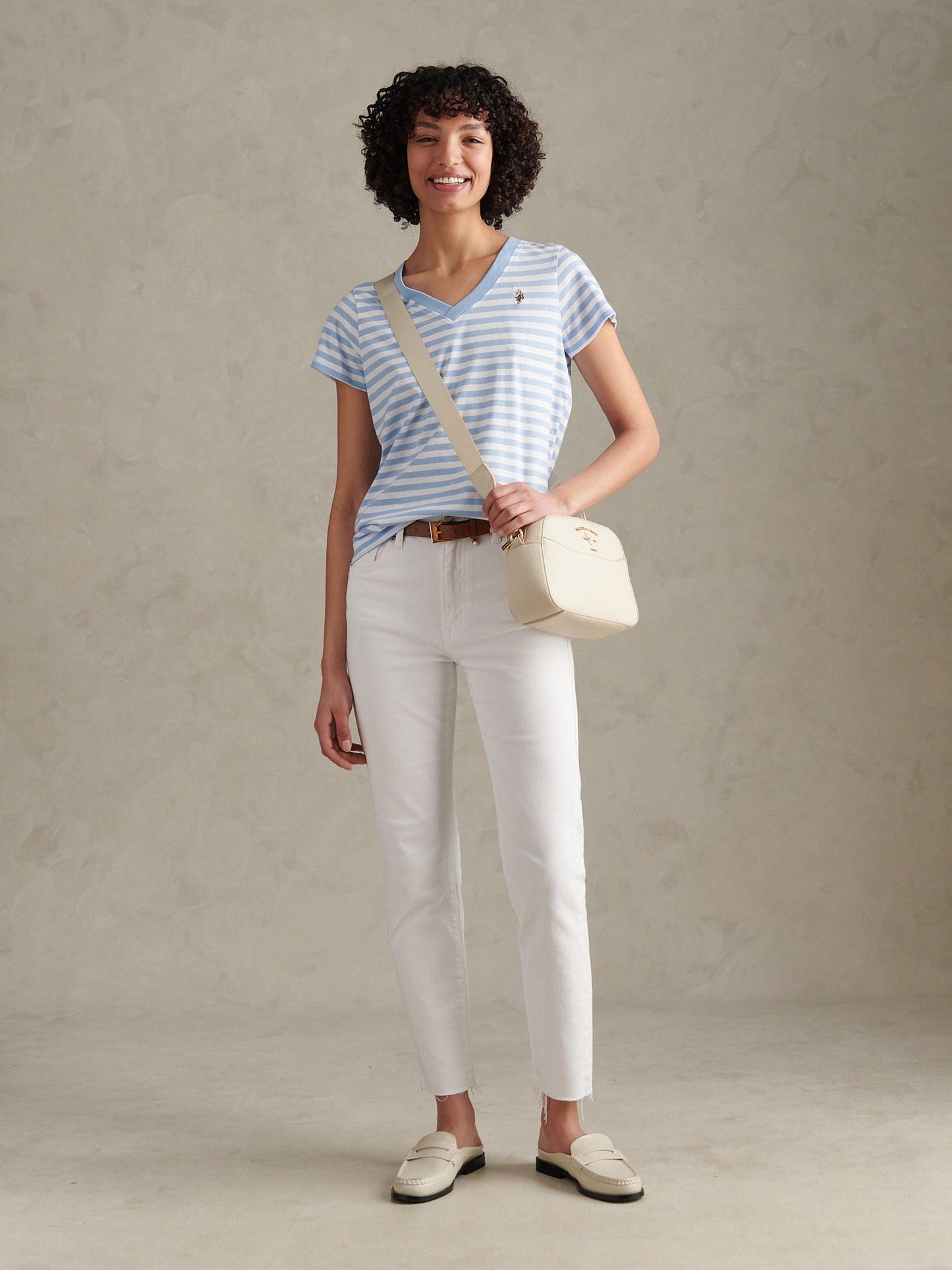 Womens Stripe V-Neck Neck T-Shirt Open Air