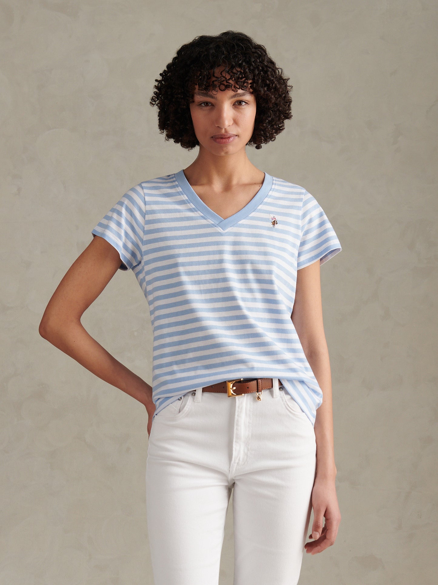 Womens Stripe V-Neck Neck T-Shirt Open Air