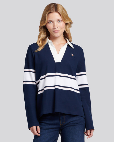 Womens Contrast Collar Stripe Rugby Top in Navy Iris