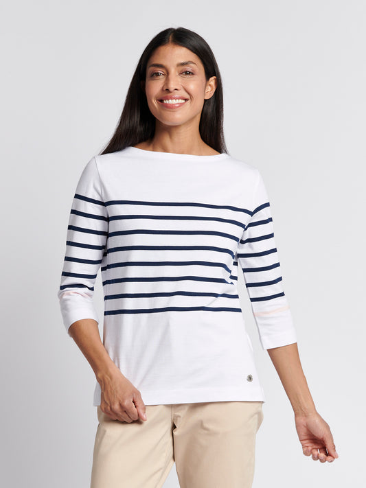 Womens Stripe 3/4 Sleeve Boatneck T-Shirt in Navy Iris