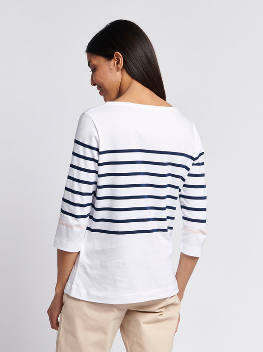 Womens Stripe 3/4 Sleeve Boatneck T-Shirt in Navy Iris