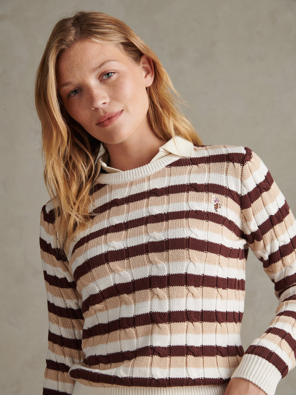 Womens Stripe Crew Neck Cable Jumper Smoke Gray