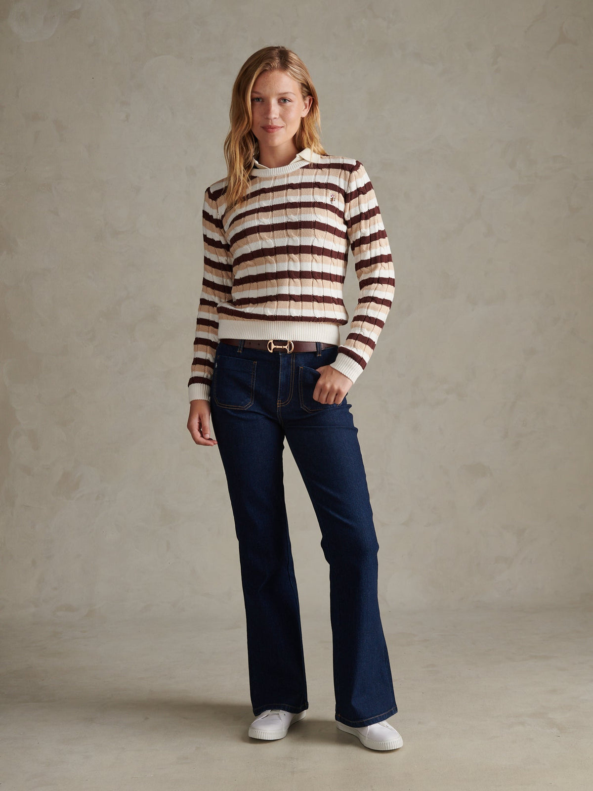 Womens Stripe Crew Neck Cable Jumper Smoke Gray