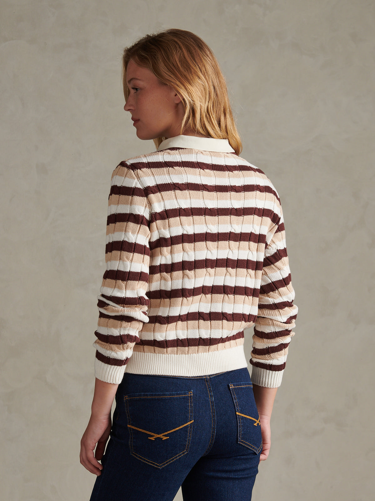 Womens Stripe Crew Neck Cable Jumper Smoke Gray