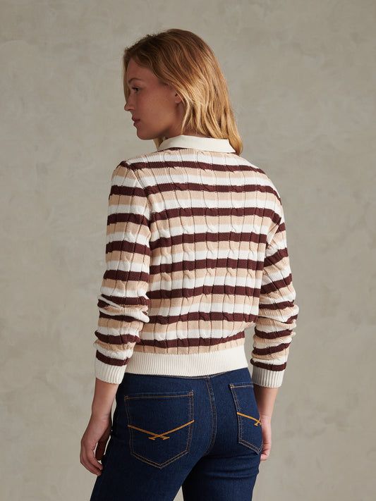 Womens Stripe Crew Neck Cable Jumper Smoke Gray