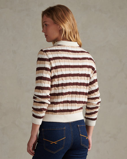 Womens Stripe Crew Neck Cable Jumper Smoke Gray