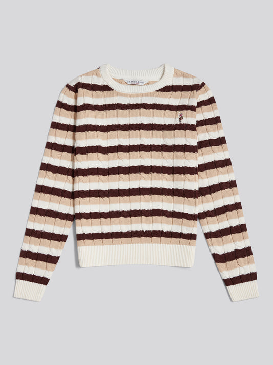 Womens Stripe Crew Neck Cable Jumper Smoke Gray