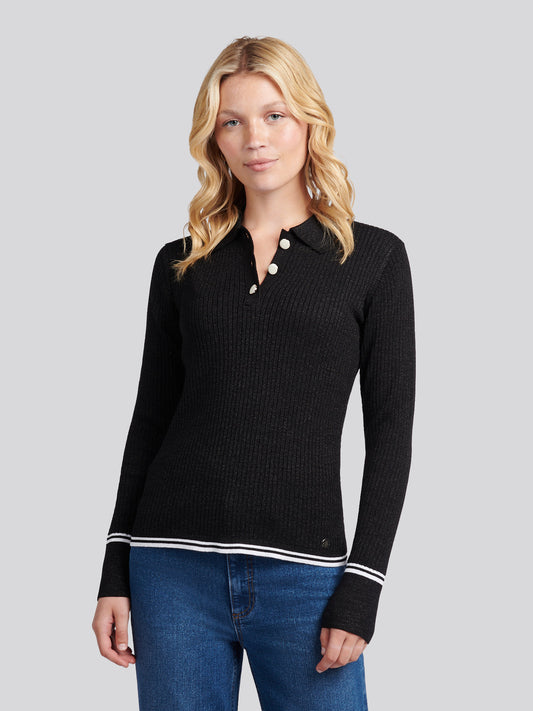 Womens Lurex® Rib Polo Knit in Black