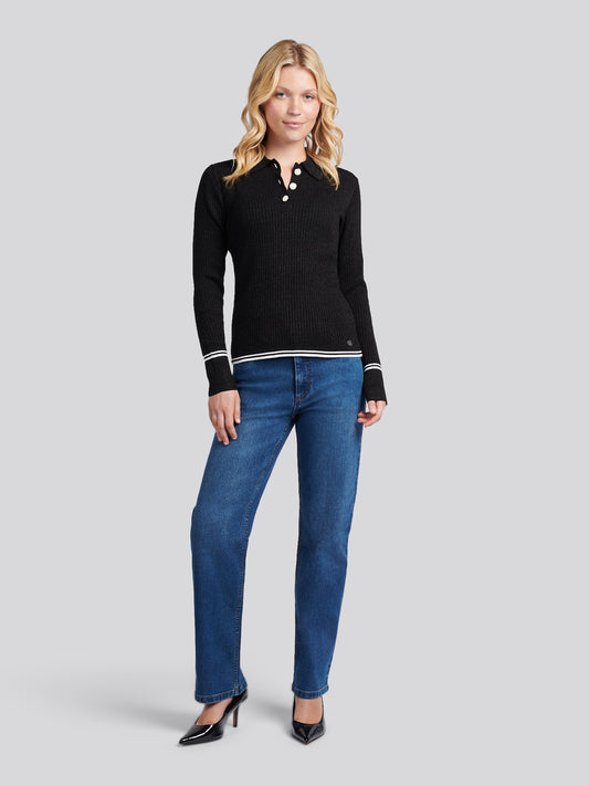 Womens Lurex® Rib Polo Knit in Black