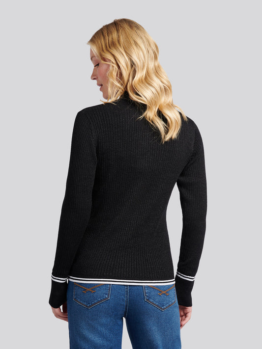 Womens Lurex® Rib Polo Knit in Black
