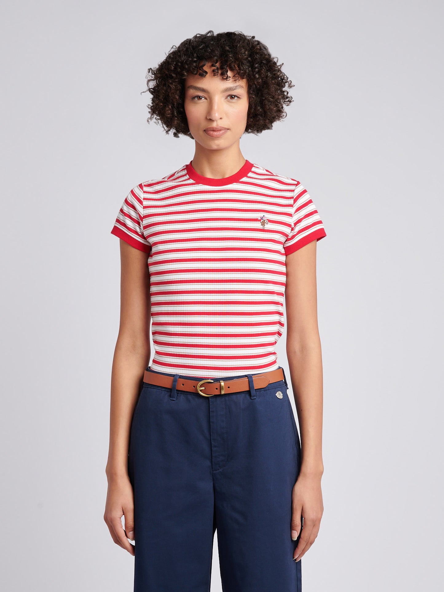 Womens Stripe Rib T-Shirt in Jalapeno Red