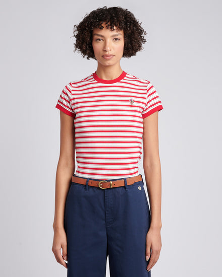 Womens Stripe Rib T-Shirt in Jalapeno Red