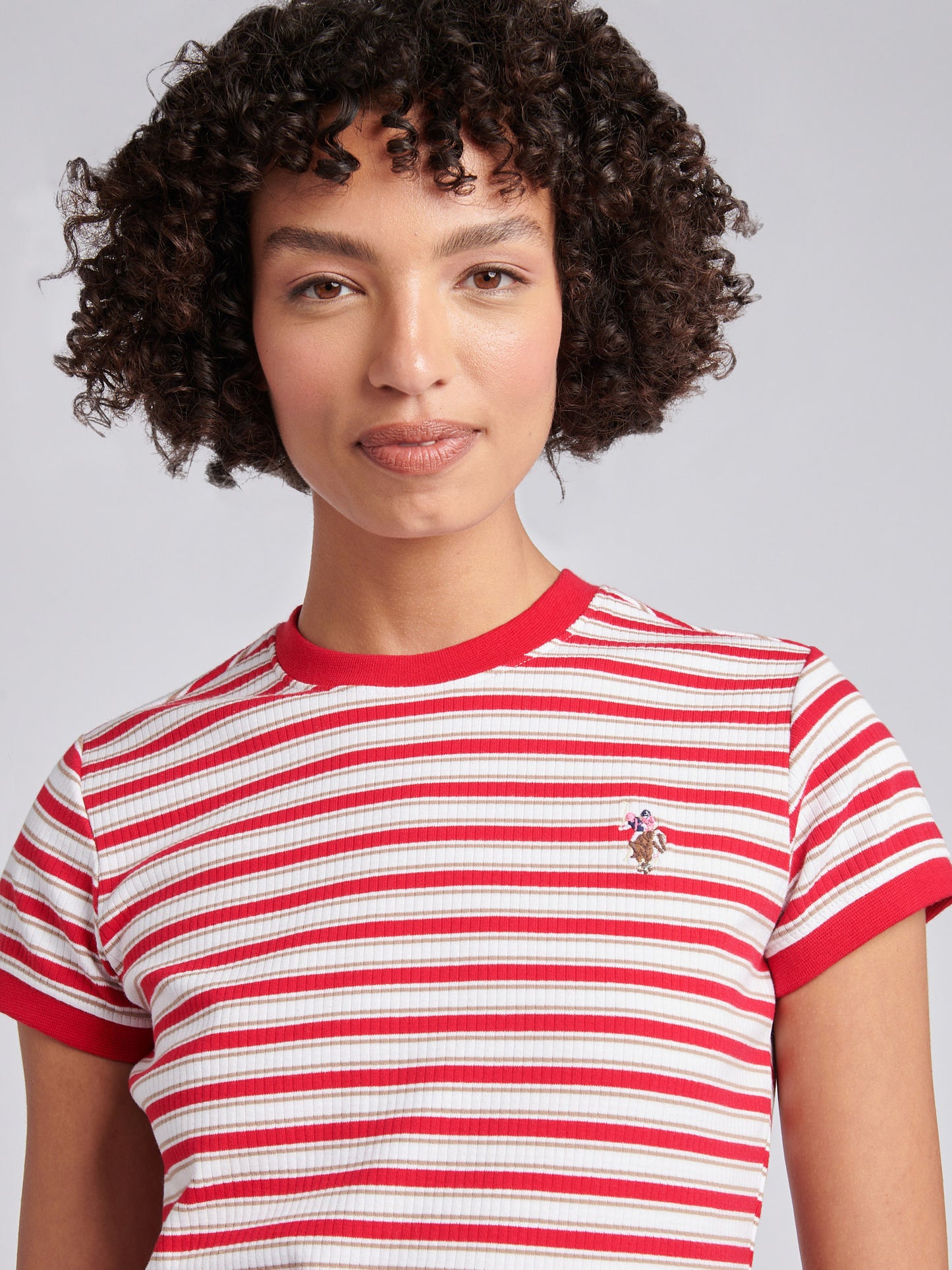 Womens Stripe Rib T-Shirt in Jalapeno Red