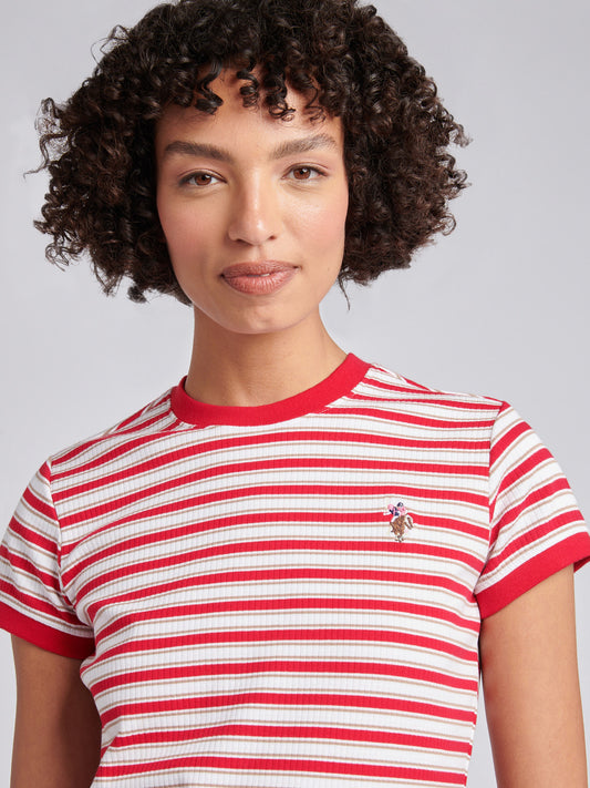 Womens Stripe Rib T-Shirt in Jalapeno Red