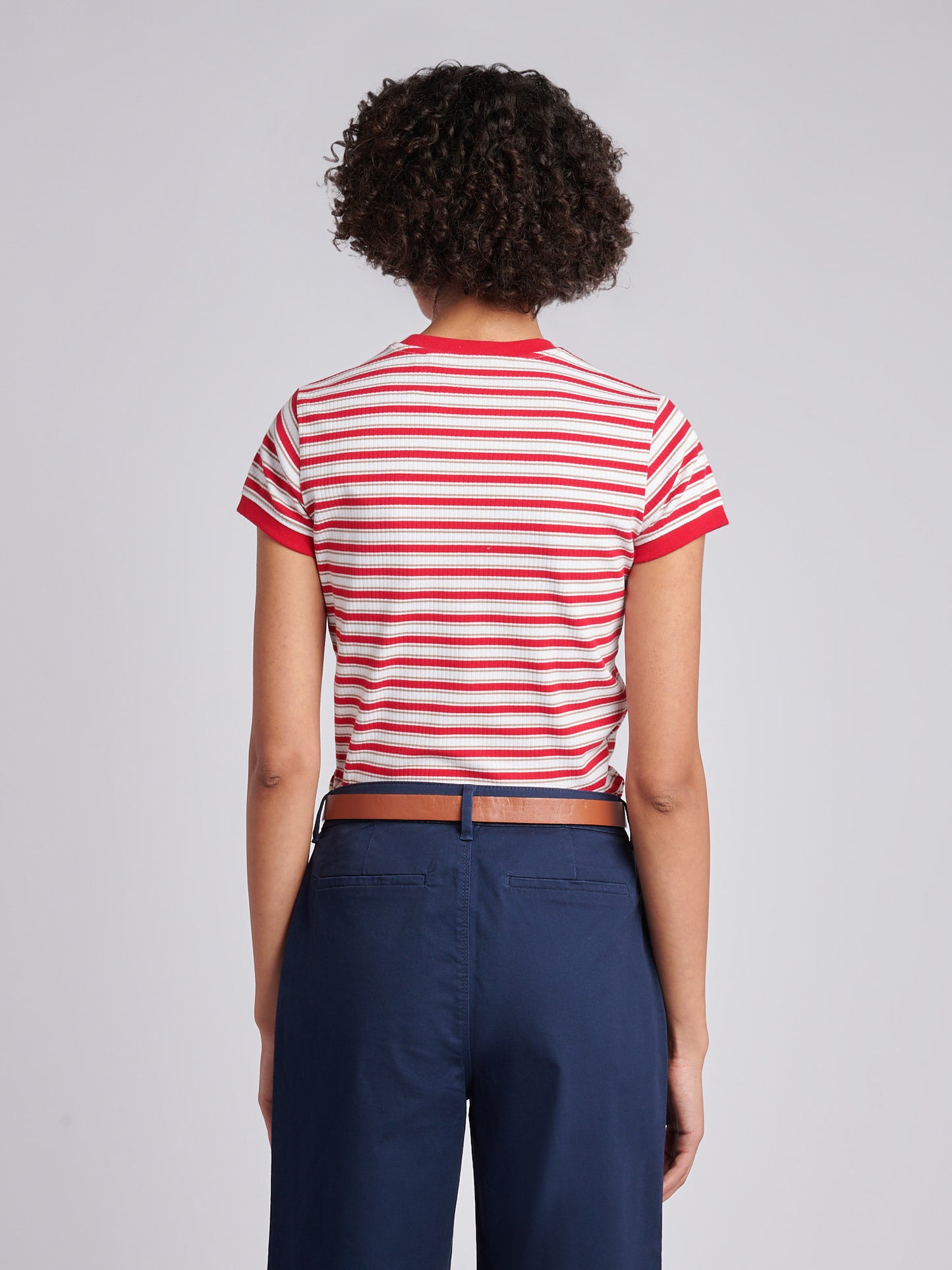 Womens Stripe Rib T-Shirt in Jalapeno Red